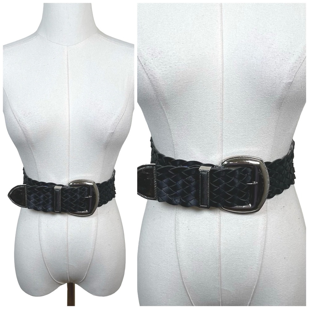 Vintage Woven Braided Waist Belt Women M Black Silver Western Boho Buckle Wide